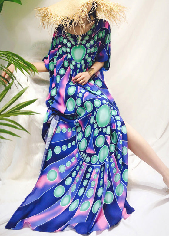 Casual Green O-Neck Print Side Open Silk Beach Long Dress Short Sleeve