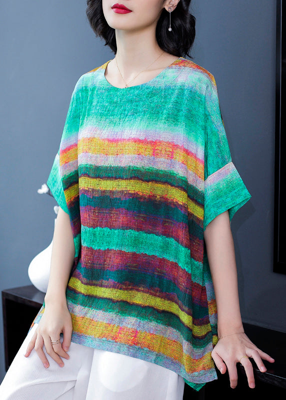Casual Green O Neck Striped Patchwork Linen T Shirts Tops Summer