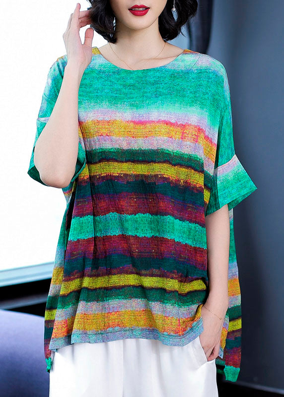 Casual Green O Neck Striped Patchwork Linen T Shirts Tops Summer