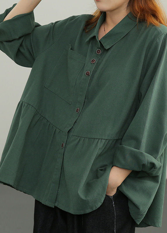 Casual Green Oversized Patchwork Wrinkled Cotton Loose Blouse Top Long Sleeve