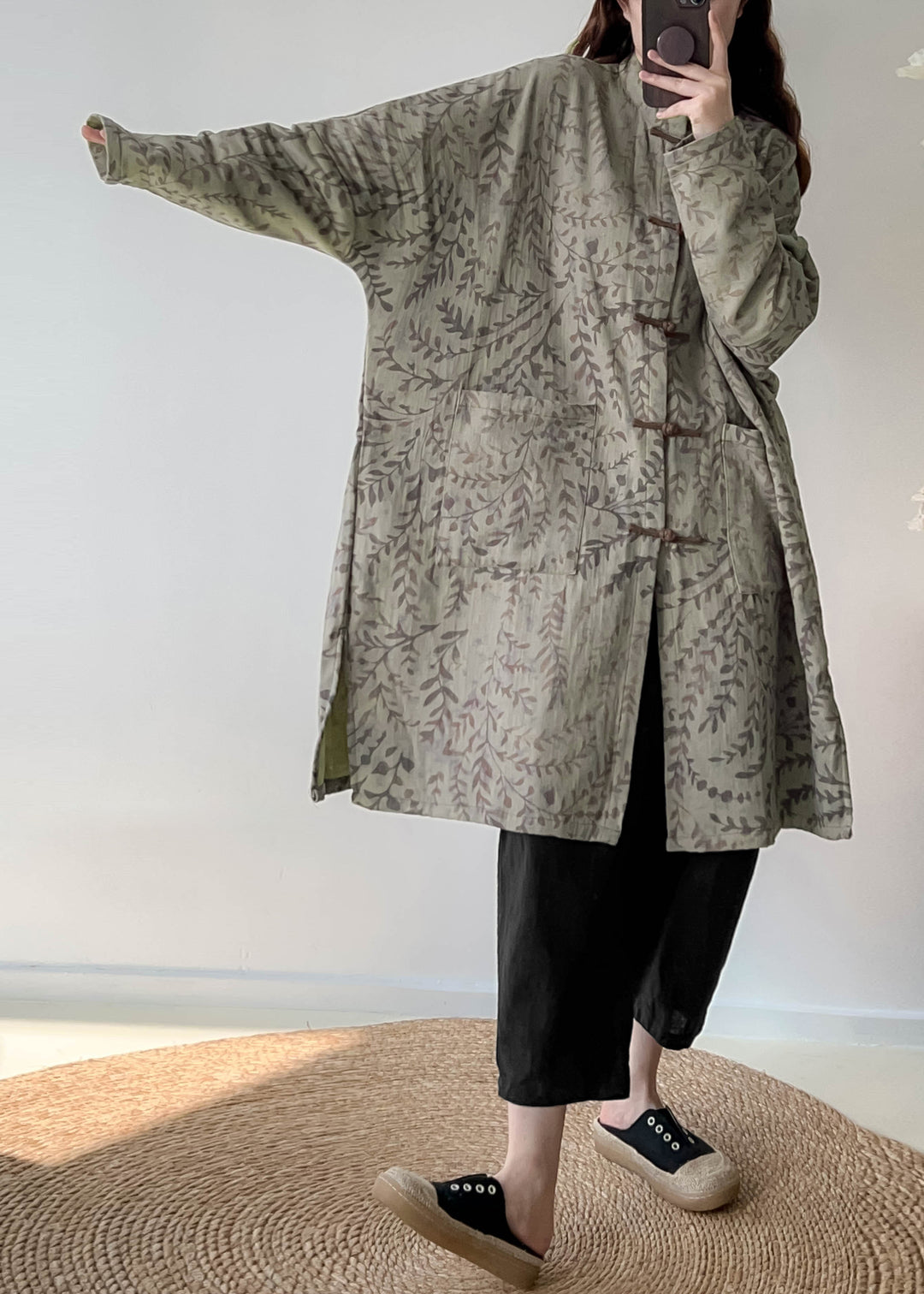 Casual Green Oversized Print Linen Coat Outwear Fall