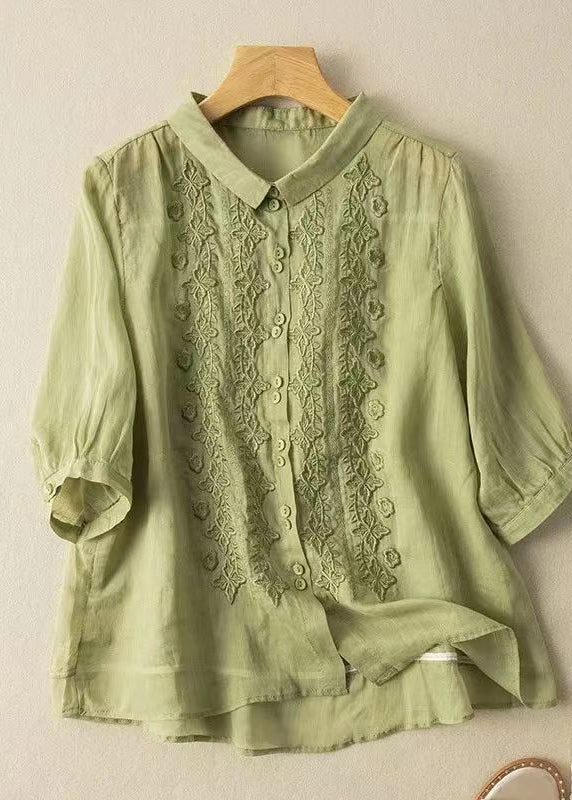 Casual Green Peter Pan Collar Embroideried Button Shirt Half Sleeve