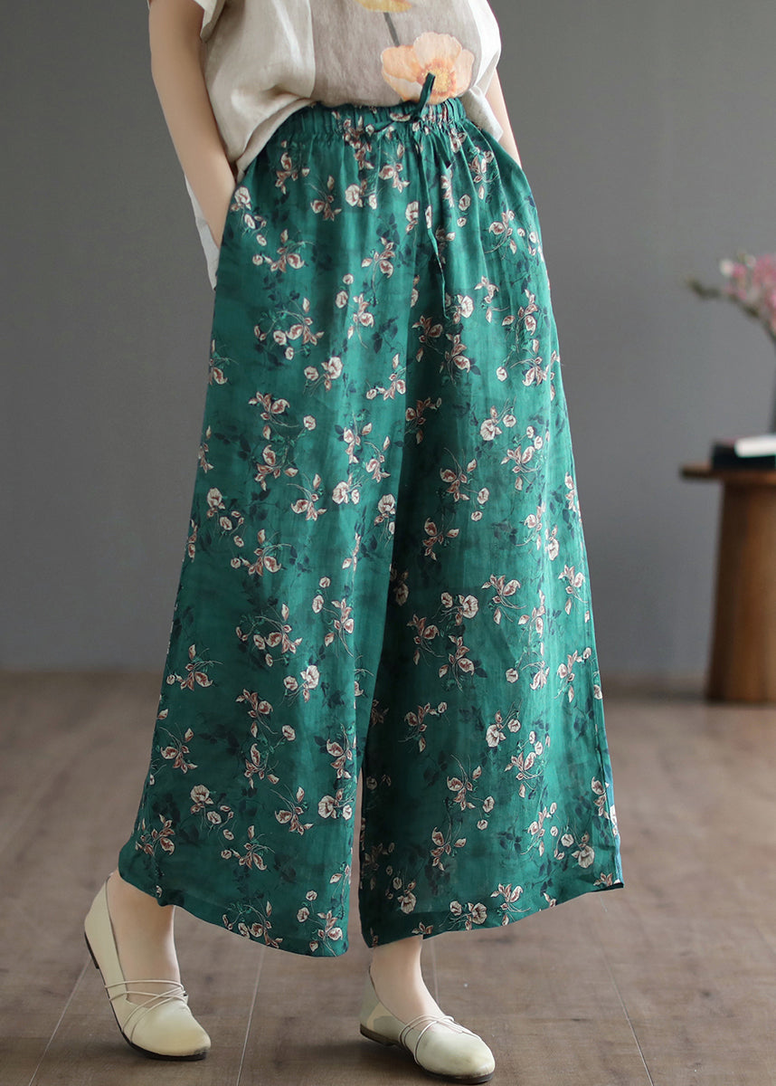 Casual Green Pockets Print Lace Up Elastic Waist Linen Wide Leg Pants Summer