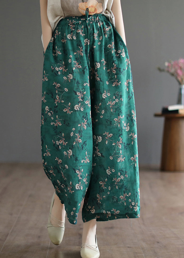 Casual Green Pockets Print Lace Up Elastic Waist Linen Wide Leg Pants Summer