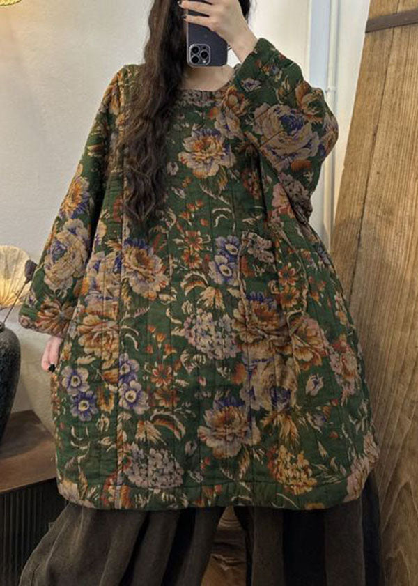 Casual Green Print Oversized Pockets Fine Cotton Filled Dress Winter