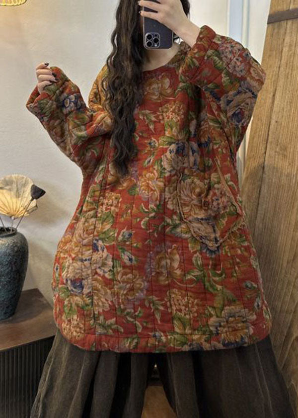 Casual Green Print Oversized Pockets Fine Cotton Filled Dress Winter