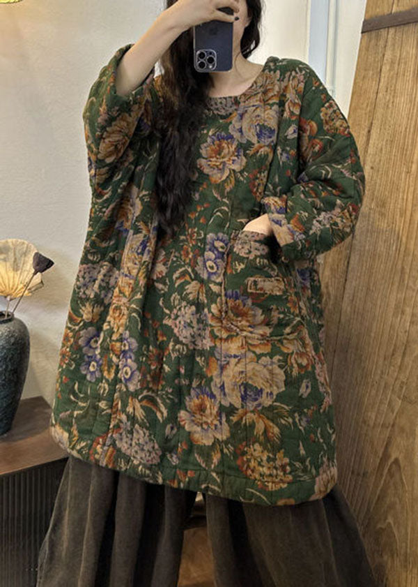 Casual Green Print Oversized Pockets Fine Cotton Filled Dress Winter