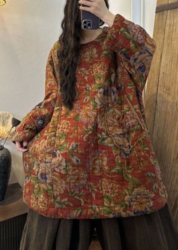 Casual Green Print Oversized Pockets Fine Cotton Filled Dress Winter