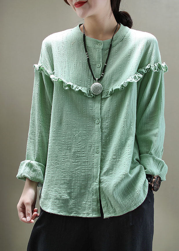 Casual Green Ruffled Button Patchwork Cotton Blouse Tops Long Sleeve