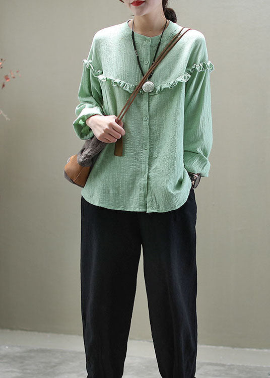 Casual Green Ruffled Button Patchwork Cotton Blouse Tops Long Sleeve