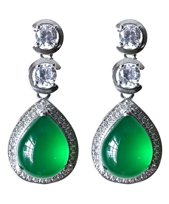 Casual Green Sterling Silver Inlaid Zircon Chalcedony Water Drop Drop Earrings