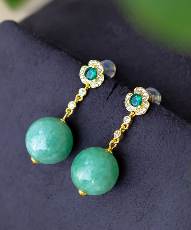 Casual Green Sterling Silver Overgild Jade Crystal Zircon Drop Earrings