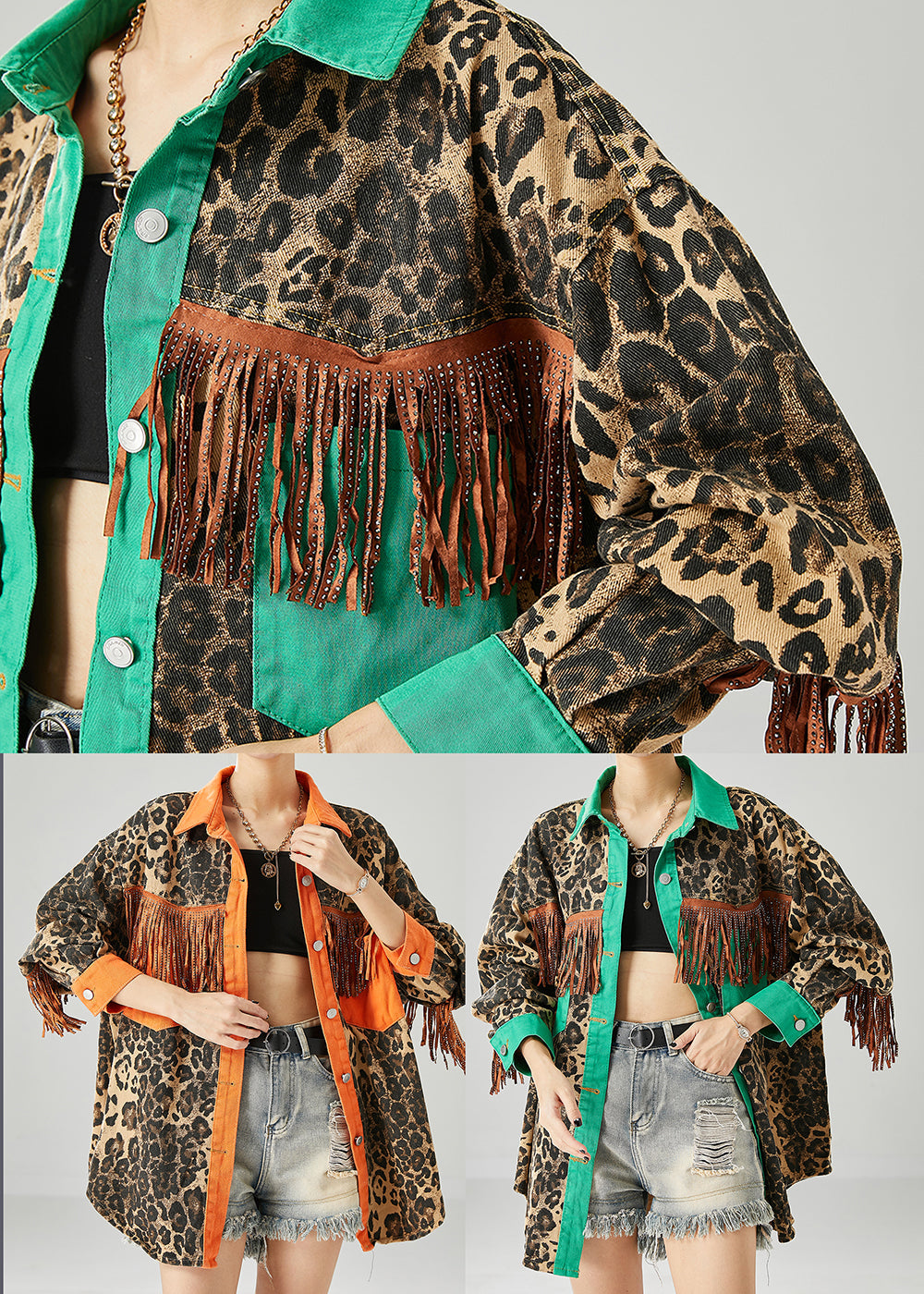 Casual Green Tasseled Patchwork Leopard Print Cotton Coats Fall