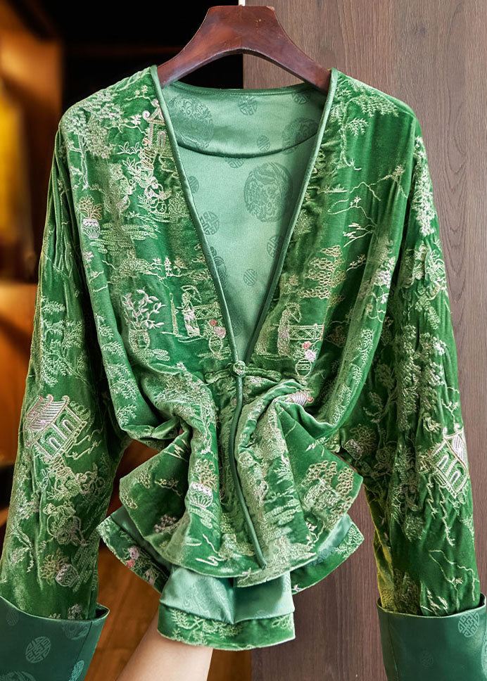 Casual Green V Neck Embroideried Button Silk Velour Coats Fall