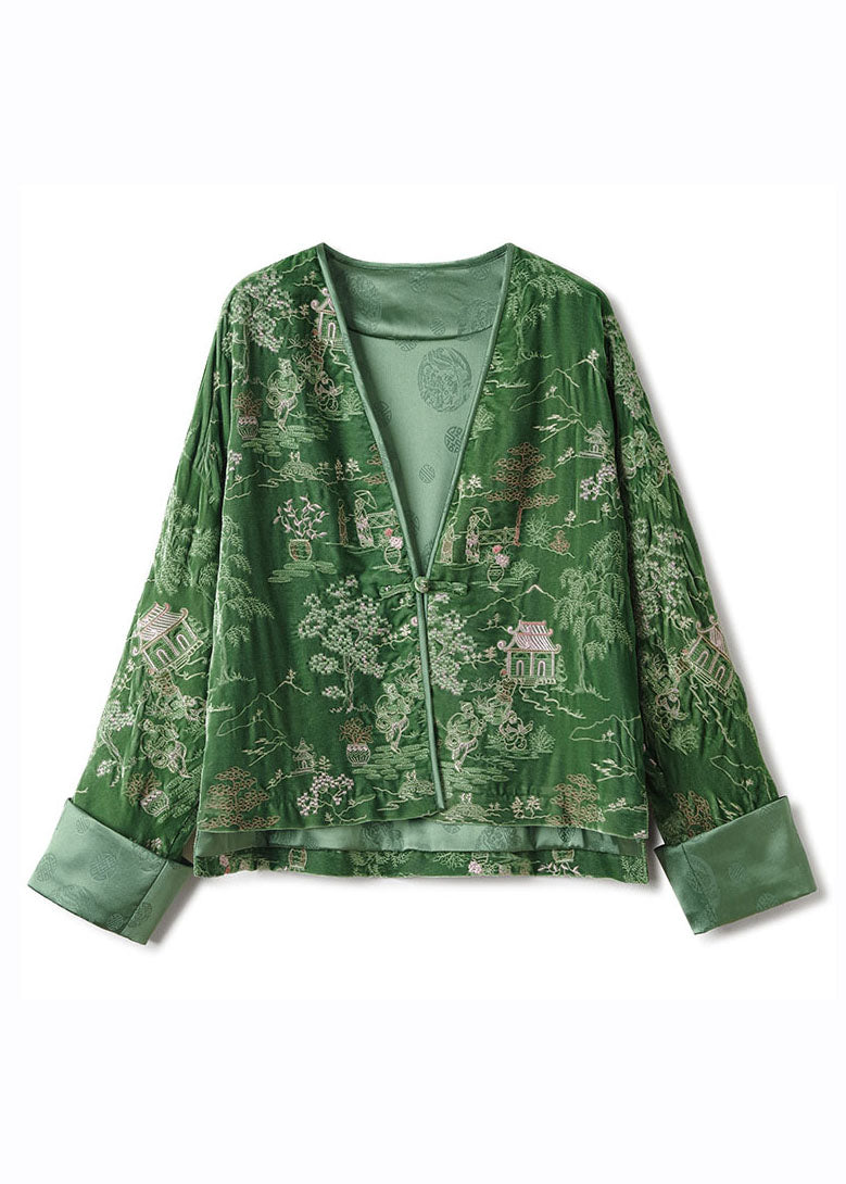 Casual Green V Neck Embroideried Button Silk Velour Coats Fall