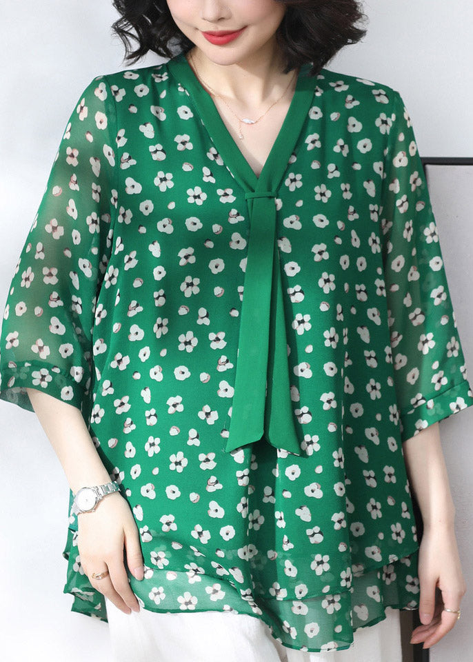 Casual Green V Neck Print Tulle Patchwork Shirts Three Quarter sleeve