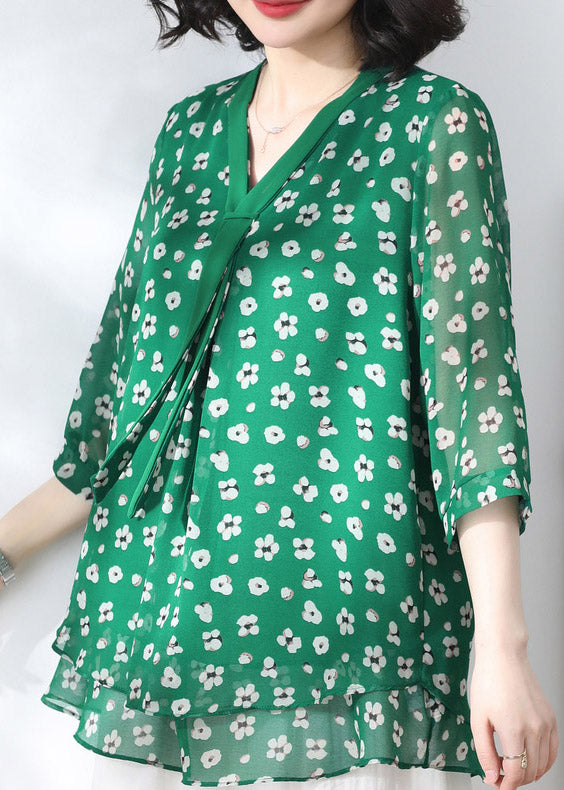 Casual Green V Neck Print Tulle Patchwork Shirts Three Quarter sleeve