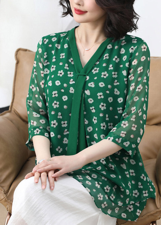 Casual Green V Neck Print Tulle Patchwork Shirts Three Quarter sleeve