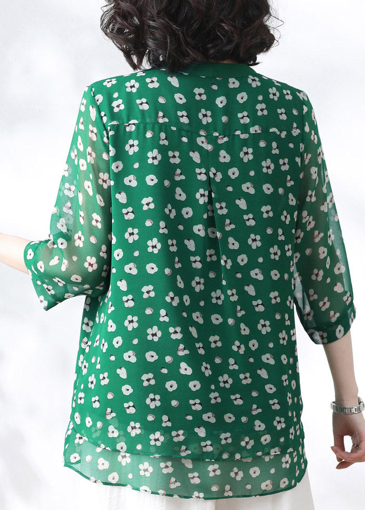 Casual Green V Neck Print Tulle Patchwork Shirts Three Quarter sleeve