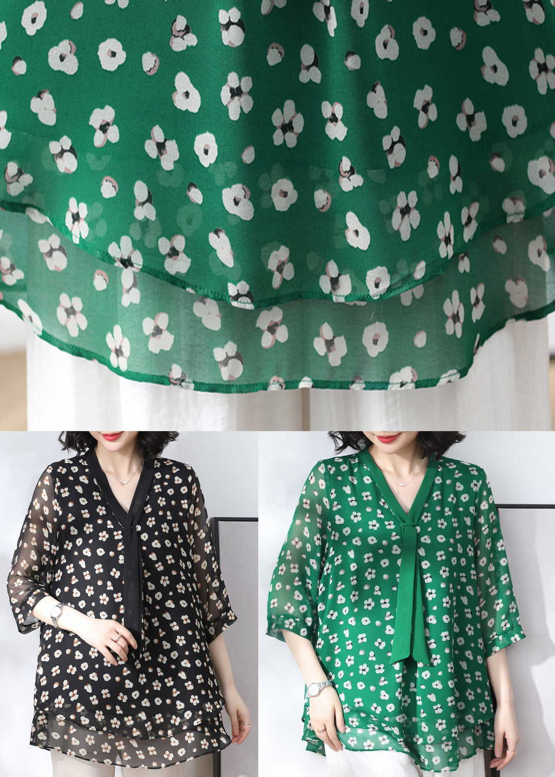 Casual Green V Neck Print Tulle Patchwork Shirts Three Quarter sleeve