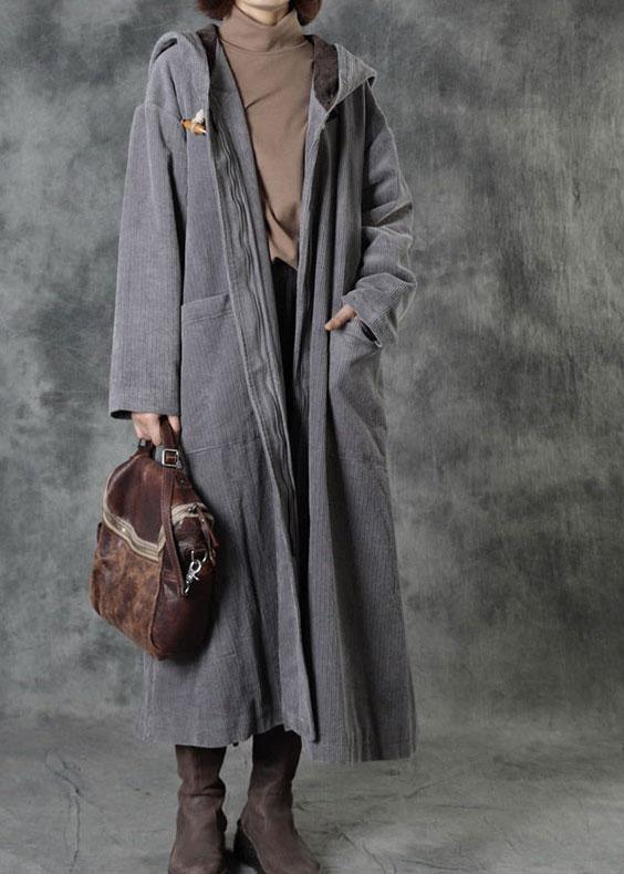 Casual Grey Button Hooded Pockets Winter Cotton Parka Long Sleeve - Omychic
