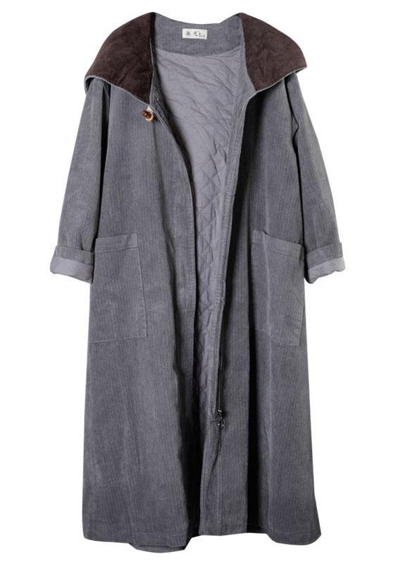 Casual Grey Button Hooded Pockets Winter Cotton Parka Long Sleeve - Omychic