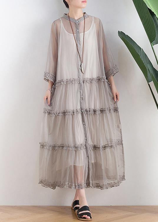 Casual Grey Button O-Neck Ankle Summer Chiffon Dress - Omychic