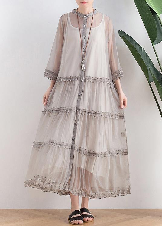 Casual Grey Button O-Neck Ankle Summer Chiffon Dress - Omychic