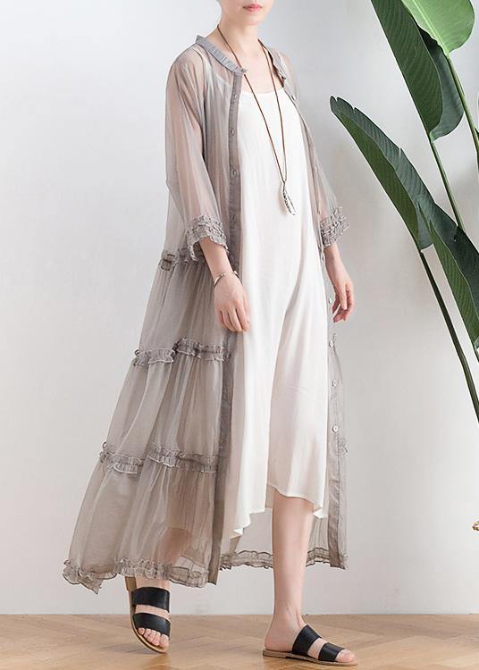 Casual Grey Button O-Neck Ankle Summer Chiffon Dress - Omychic