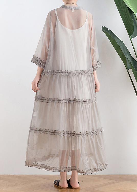 Casual Grey Button O-Neck Ankle Summer Chiffon Dress - Omychic