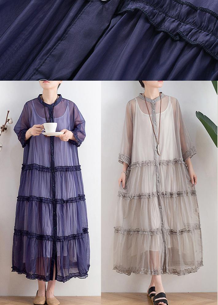 Casual Grey Button O-Neck Ankle Summer Chiffon Dress - Omychic