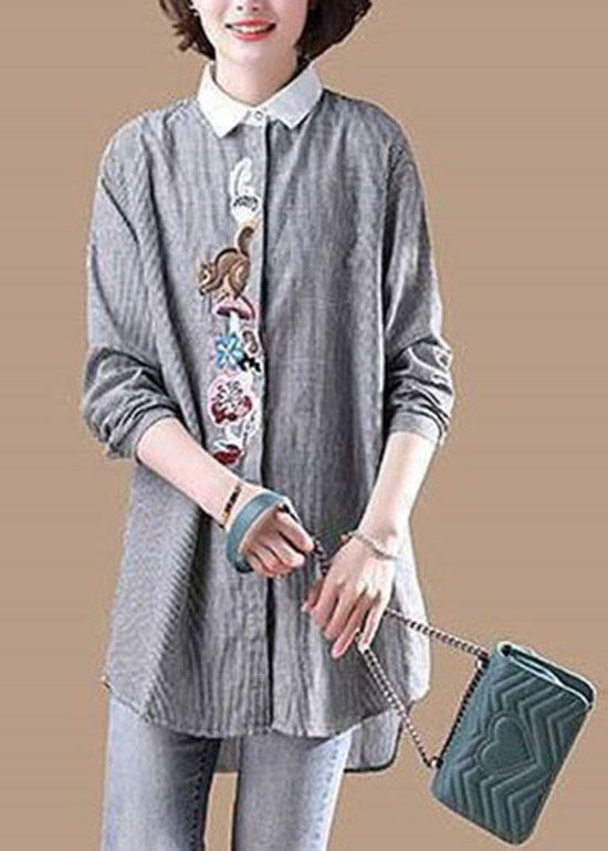 Casual Grey Embroideried button Striped Patchwork Shirt Spring