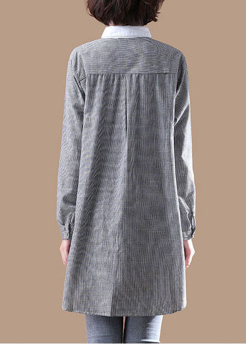 Casual Grey Embroideried button Striped Patchwork Shirt Spring