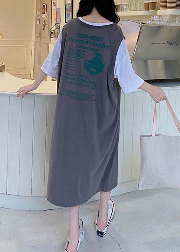 Casual Grey Graphic Cotton Short Sleeve Summer Maxi Dresses - Omychic