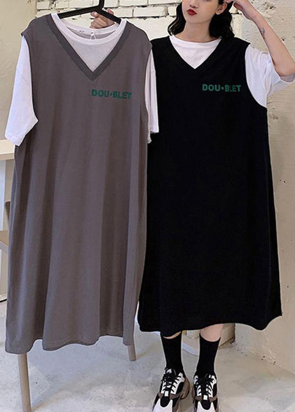 Casual Grey Graphic Cotton Short Sleeve Summer Maxi Dresses - Omychic