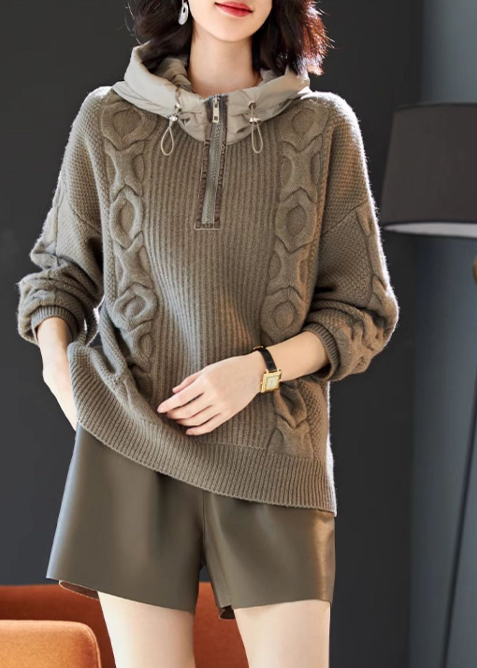 Casual Grey Hooded Patchwork Knit Sweatshirts Top Winter