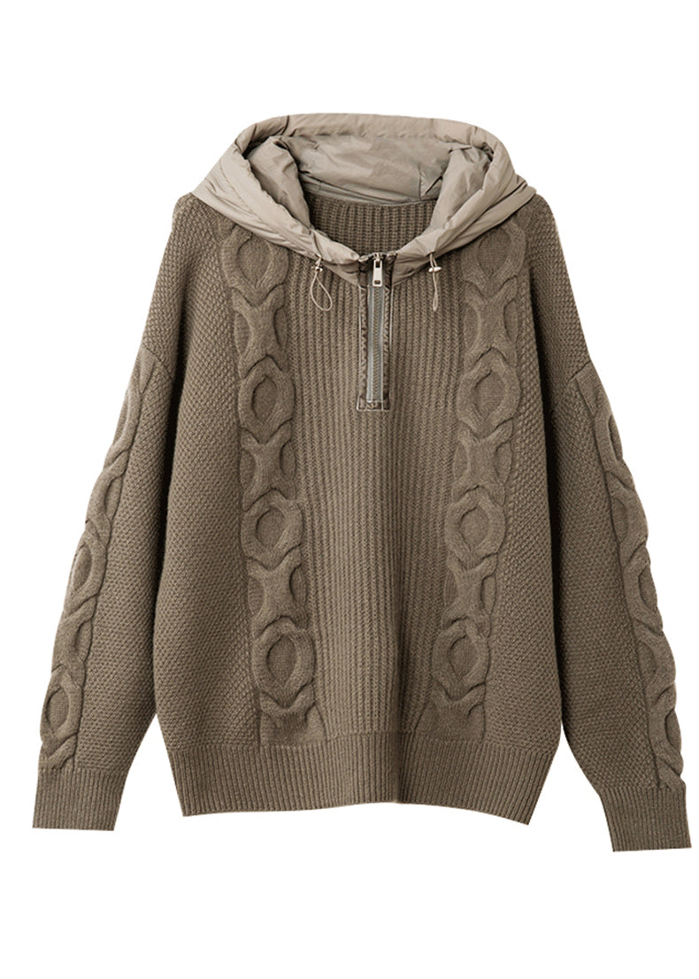 Casual Grey Hooded Patchwork Knit Sweatshirts Top Winter