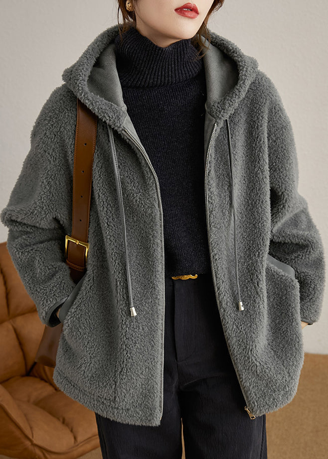 Casual Grey Hooded Pockets Patchwork Woolen Coats Winter