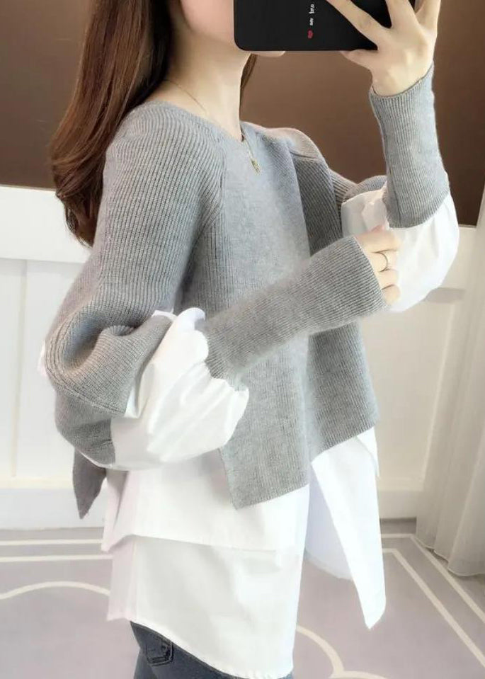Casual Grey O Neck False Two Pieces Patchwork Knit Sweater Top Fall