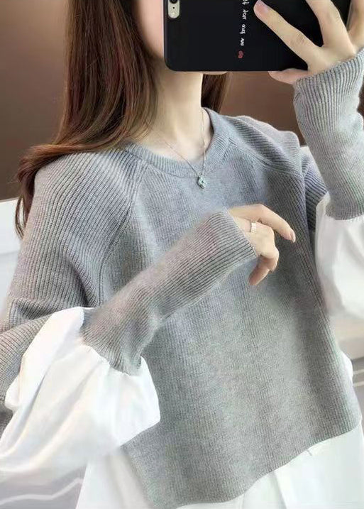 Casual Grey O Neck False Two Pieces Patchwork Knit Sweater Top Fall