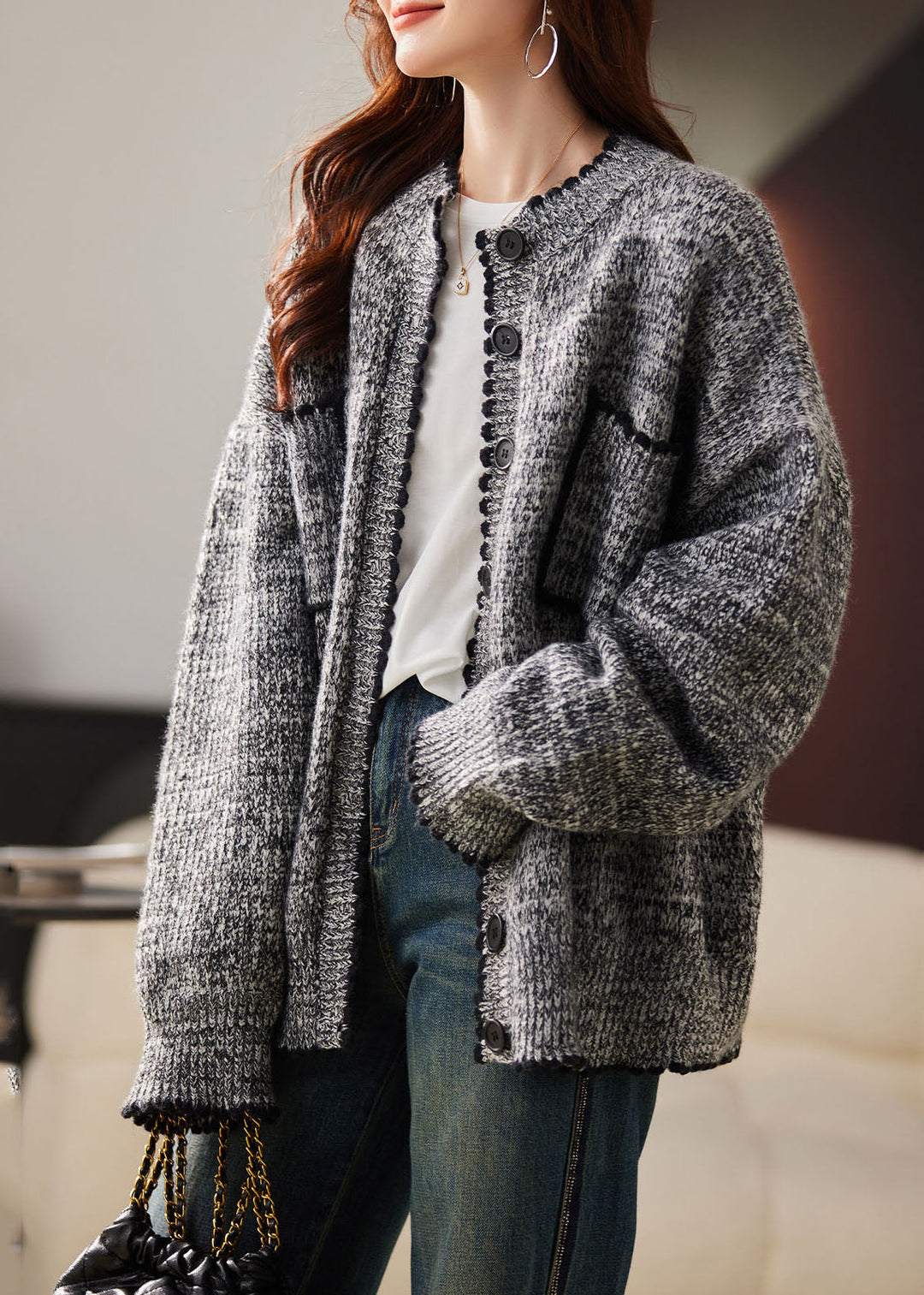 Casual Grey O-Neck Patchwork Button Cotton Knit Cardigans Fall