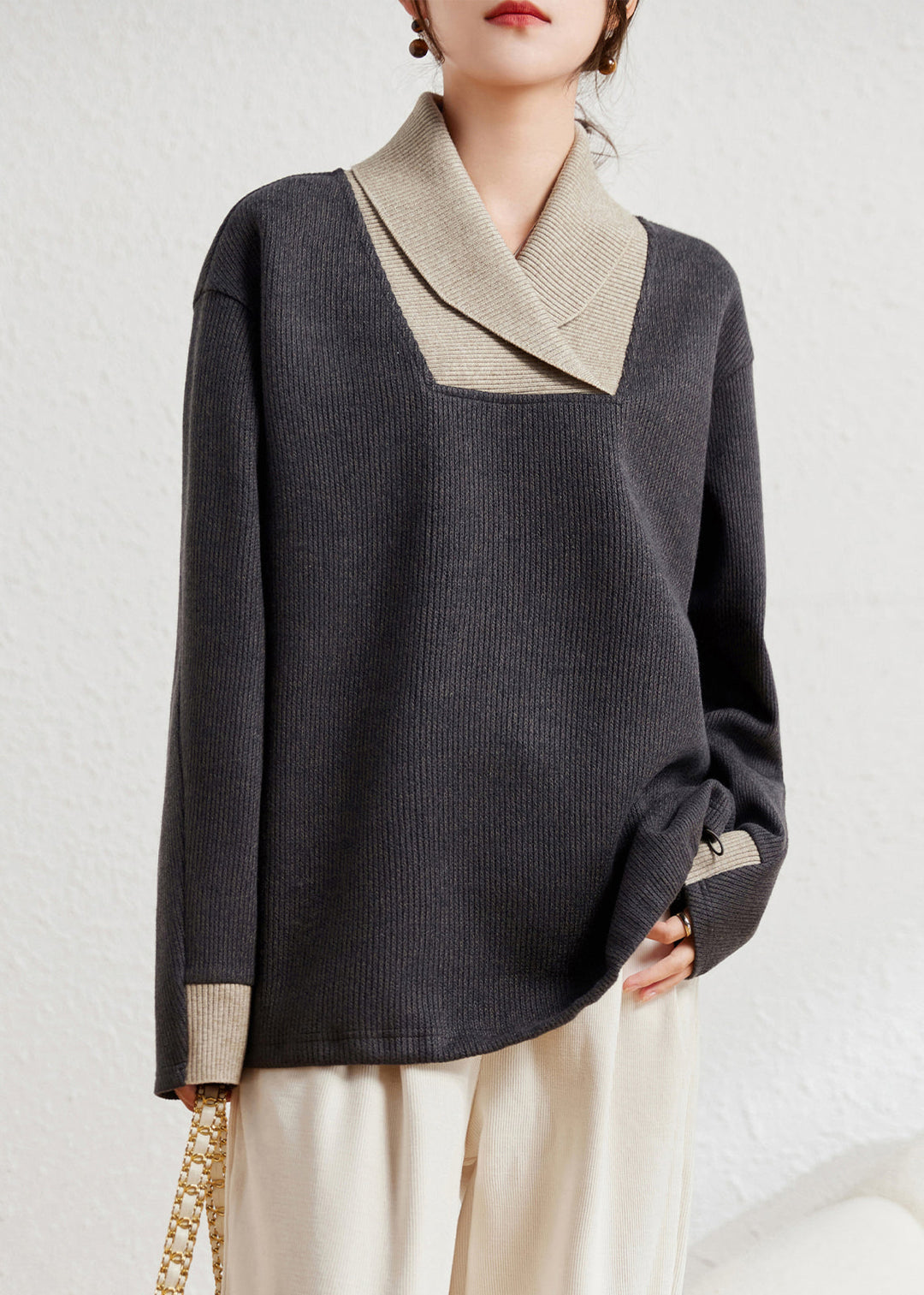 Casual Grey Peter Pan Collar Patchwork Knit Sweater Winter