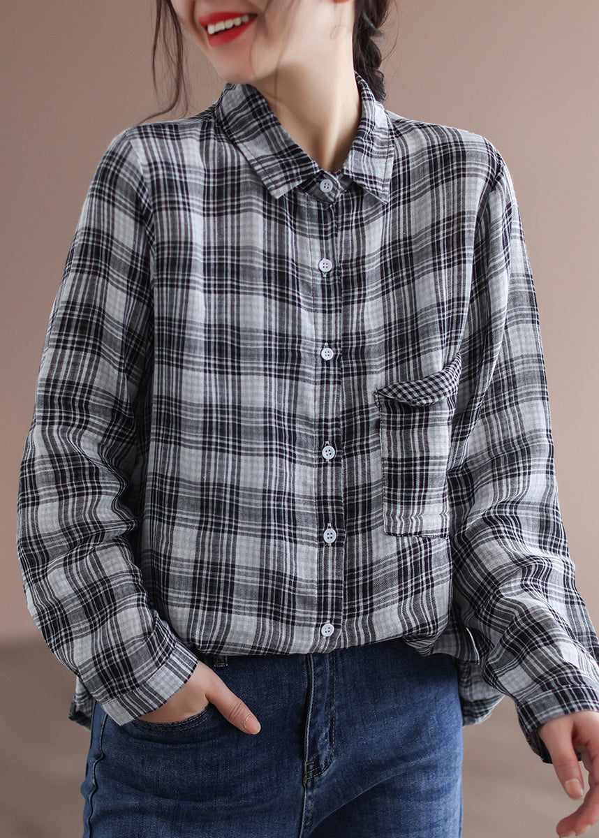 Casual Grey Peter Pan Collar Plaid Button Cotton Shirt Long Sleeve