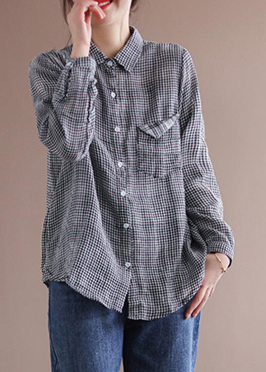 Casual Grey Peter Pan Collar Plaid Button Cotton Shirt Long Sleeve