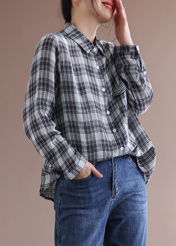 Casual Grey Peter Pan Collar Plaid Button Cotton Shirt Long Sleeve