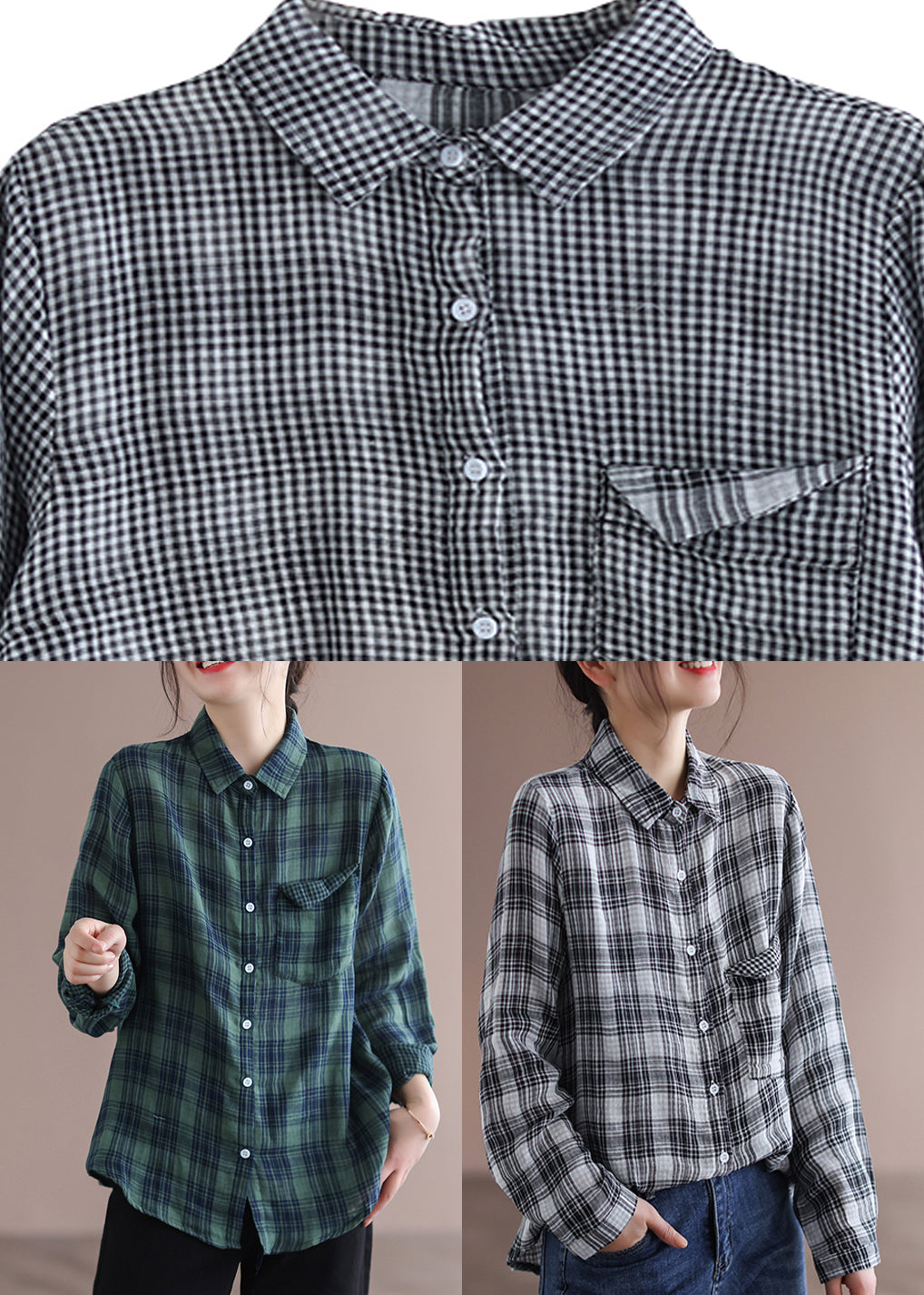 Casual Grey Peter Pan Collar Plaid Button Cotton Shirt Long Sleeve