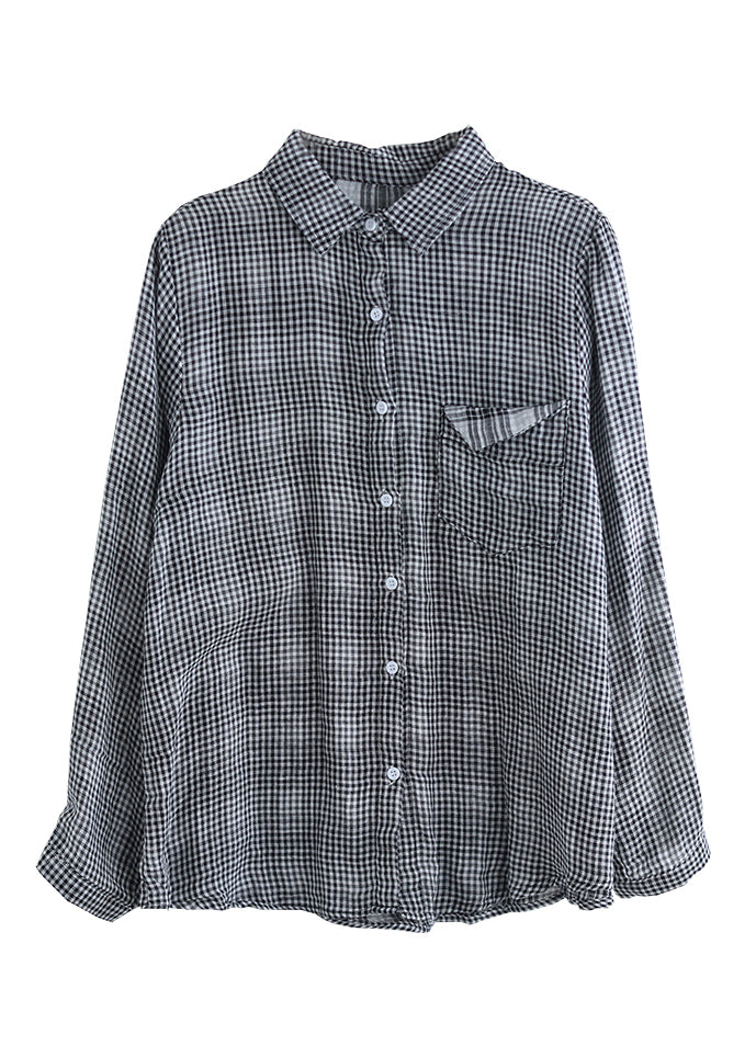 Casual Grey Peter Pan Collar Plaid Button Cotton Shirt Long Sleeve