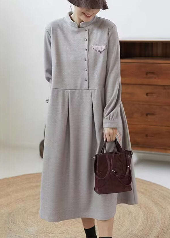 Casual Grey Stand Collar Wrinkled Patchwork Cotton Dresses Fall