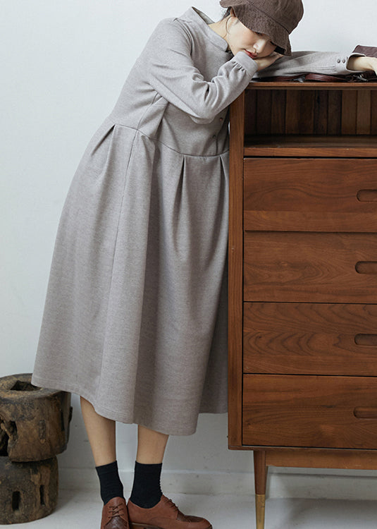 Casual Grey Stand Collar Wrinkled Patchwork Cotton Dresses Fall