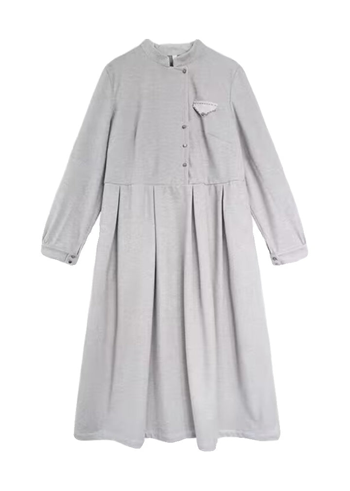 Casual Grey Stand Collar Wrinkled Patchwork Cotton Dresses Fall